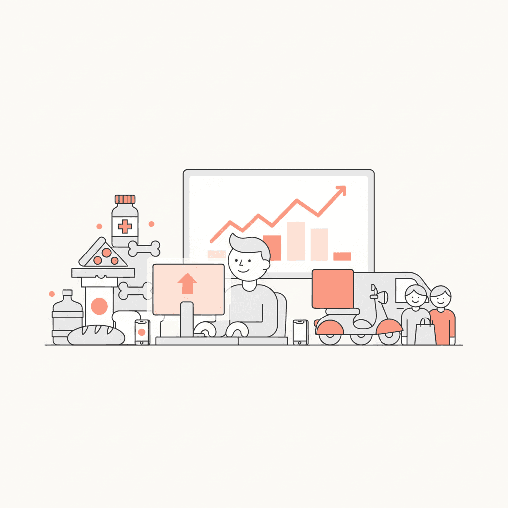 Um empreendedor sorrindo em frente ao seu computador, com elementos de crescimento do negócio ao redor, como produtos, um veículo de entrega e clientes felizes.