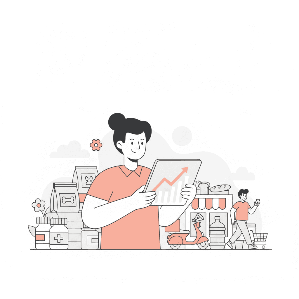 Um dono de negócio satisfeito com a receita recorrente exibida em um tablet, com produtos de pet shop, farmácia e distribuidora de água no balcão.