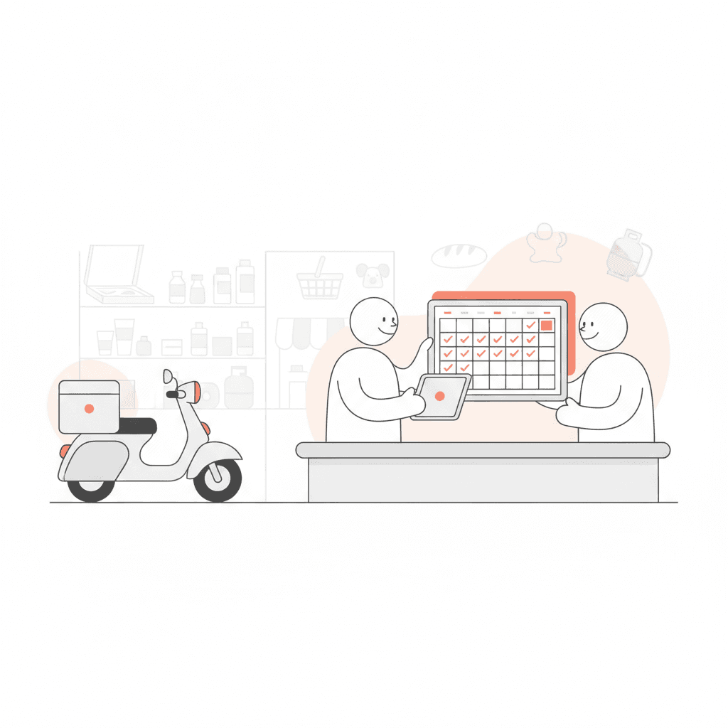 Um dono de negócio explica um plano de cobrança recorrente a um cliente, ambos sorrindo. No tablet, um calendário mostra pagamentos mensais ativos e contínuos.