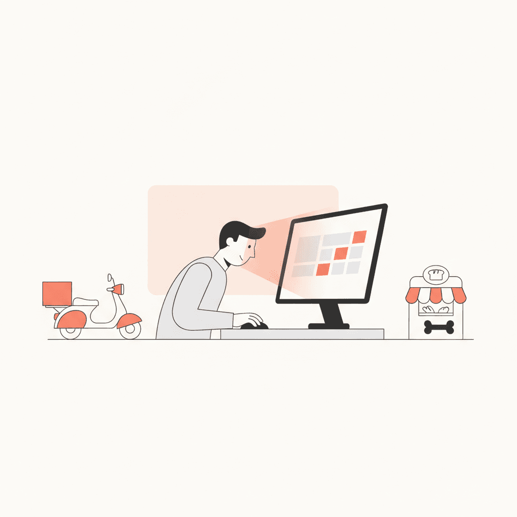 Um dono de negócio pequeno atento ao prazo em um calendário ou tela de computador.